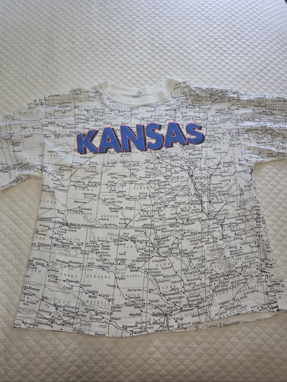 VTG Sun Sportswear KANSAS Spellout Map Graphic T Shirt Single Stitch NO SZ